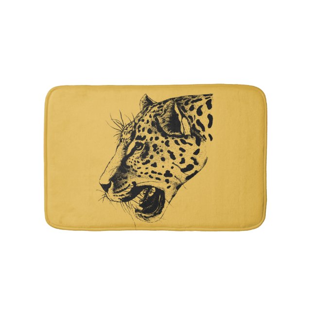 A Black and Yellow Hand Drawn Leopard Illustration Bath Mat (Front)
