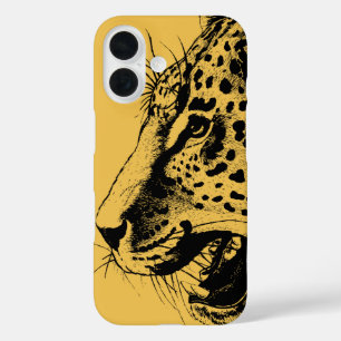 A Black and Yellow Hand Drawn Leopard Illustration iPhone 16 Case