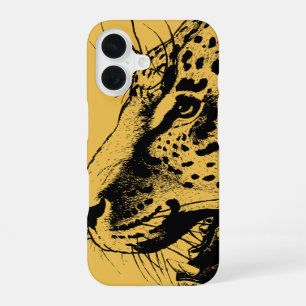 A Black and Yellow Hand Drawn Leopard Illustration iPhone 16 Case