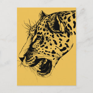 A Black and Yellow Hand Drawn Leopard Illustration Postcard
