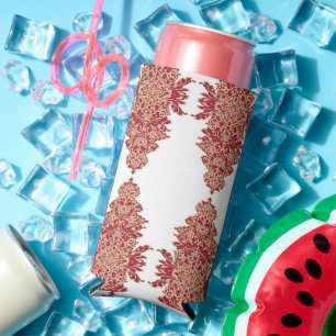 a black background with a red pattern on it seltzer can cooler