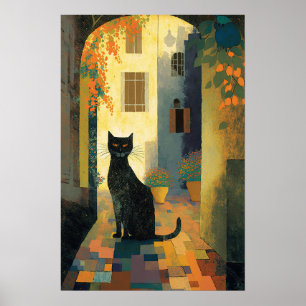 A Black Cat in Mediterranean Village  Poster