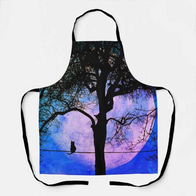 A Black Cat on a Wire Full Moon Apron (Front)