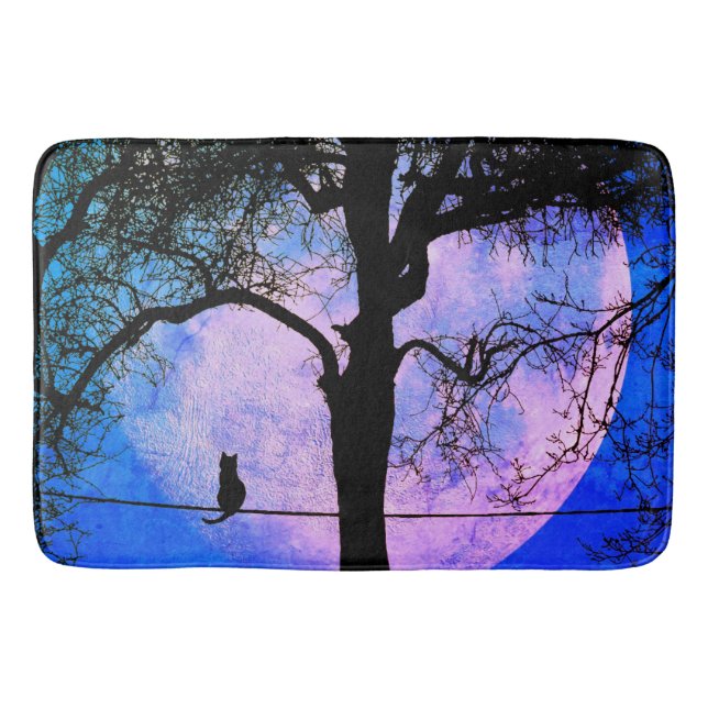 A Black Cat on a Wire Full Moon Bath Mat (Front)