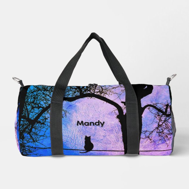 A Black Cat on a Wire Full Moon Name Duffle Bag (Front)