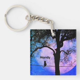 A Black Cat on a Wire Full Moon Name Key Ring