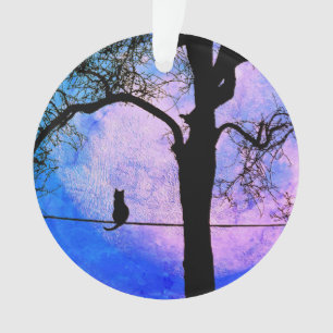 A Black Cat on a Wire Full Moon Ornament