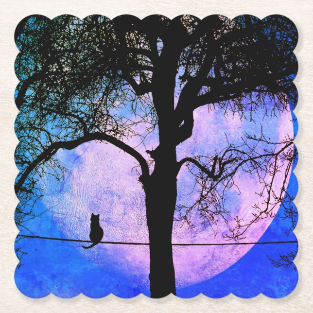 A Black Cat on a Wire Full Moon Paper Coaster (Front)