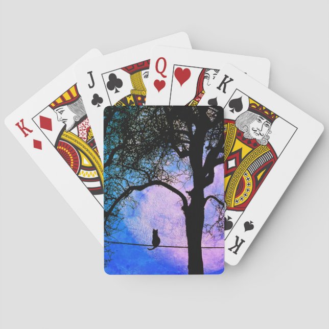 A Black Cat on a Wire Full Moon Playing Cards (Back)