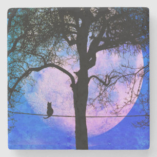 A Black Cat on a Wire Full Moon Stone Coaster