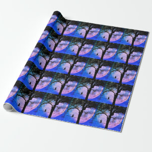 A Black Cat on a Wire Full Moon Wrapping Paper