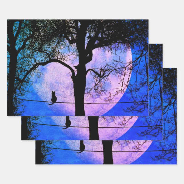 A Black Cat on a Wire Full Moon  Wrapping Paper Sheet (Set)