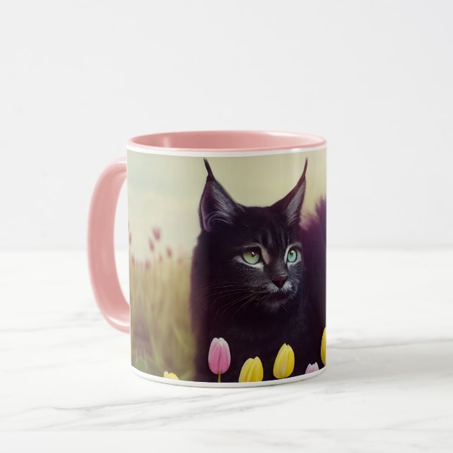 A Black Cat Tiptoes Through The Tulips - Mug (Front Left)