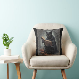 A Black Cat Wearing A Cloak Studying Halloween Cushion