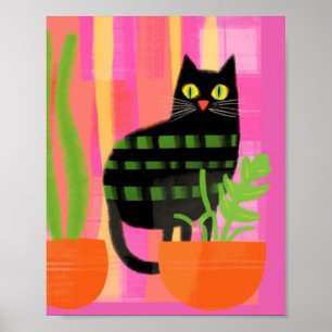 A Black Cat With Houseplants Pink Green Orange Poster