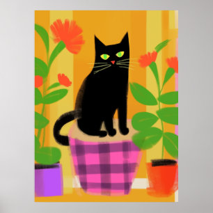 A Black Cat With Houseplants Pink Purple Seat Poster