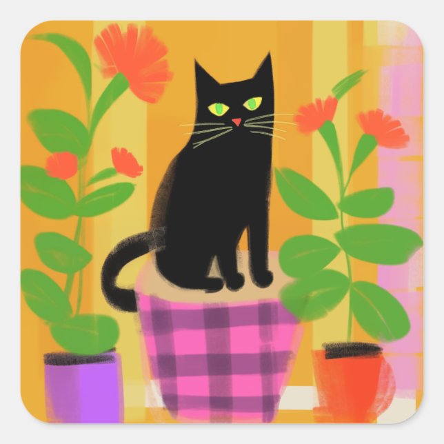 A Black Cat With Houseplants Pink Purple Seat Square Sticker (Front)