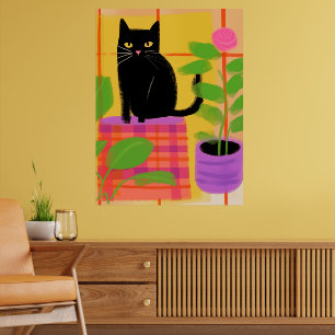 A Black Cat With Houseplants Plaid Chair Poster