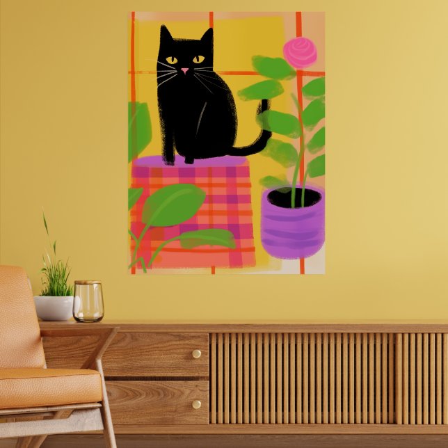 A Black Cat With Houseplants Plaid Chair Poster (Living Room 2)