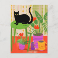 A Black Cat With Houseplants