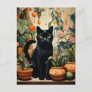 A Black Cat With Houseplants Postcard