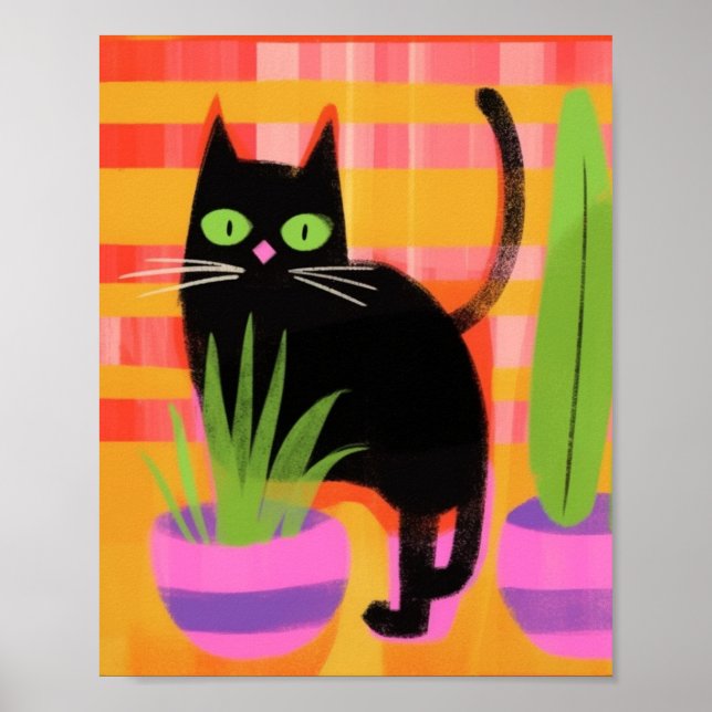 A Black Cat With Houseplants Poster (Front)