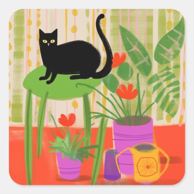A Black Cat With Houseplants Square Sticker (Front)