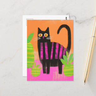 A Black Cat With Pink Stripes and Houseplants Postcard