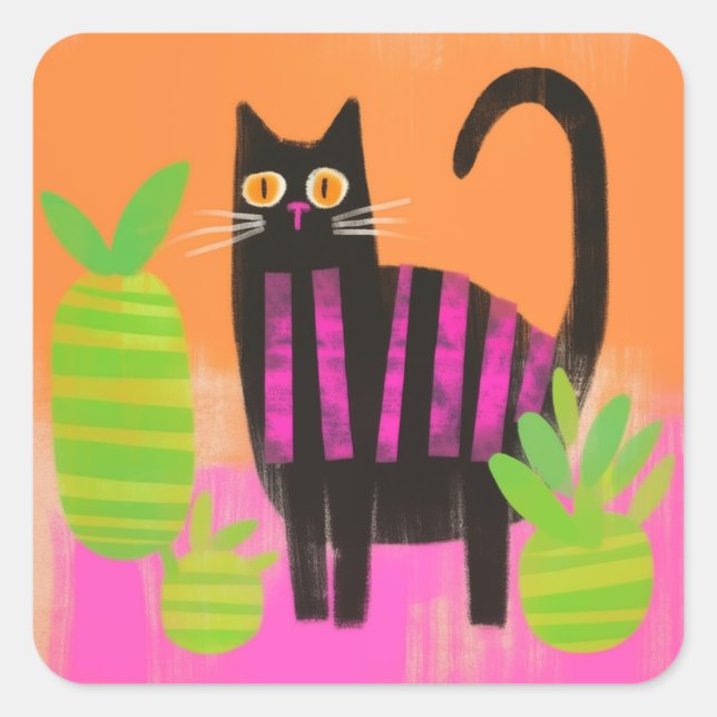 A Black Cat With Pink Stripes and Houseplants  Square Sticker (Front)