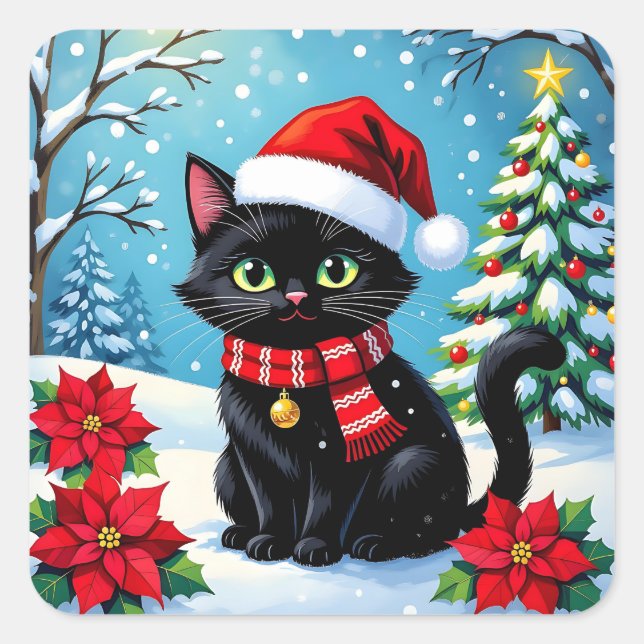 A Black Festive Cat with a Christmas Background Square Sticker (Front)