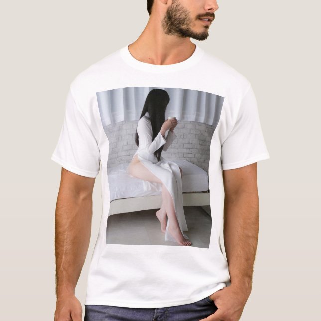 A Black-Haired Woman Wearing a Blue Pheasant Drink T-Shirt (Front)