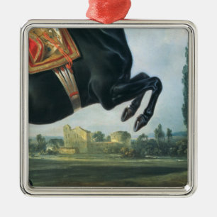 A black horse performing the Courbette Metal Tree Decoration