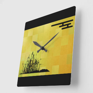 A black Japanese style pattern on a gold leaf Square Wall Clock