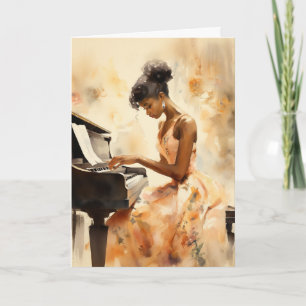 A Black Woman In A Floral Dress Playing A Piano Card