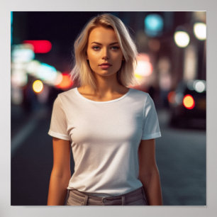 A blonde model wearing a Gildan tshirt Poster