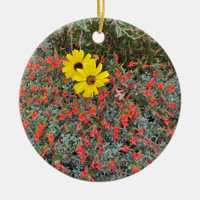 A Blooming California: Fuchsia Sunflower Ceramic Ornament (Front)