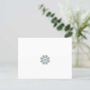 a blue and brown flower with a red centre postcard