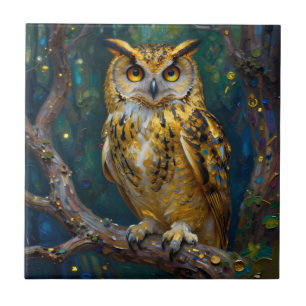 A Blue and Gold Majestic Owl Ceramic Tile