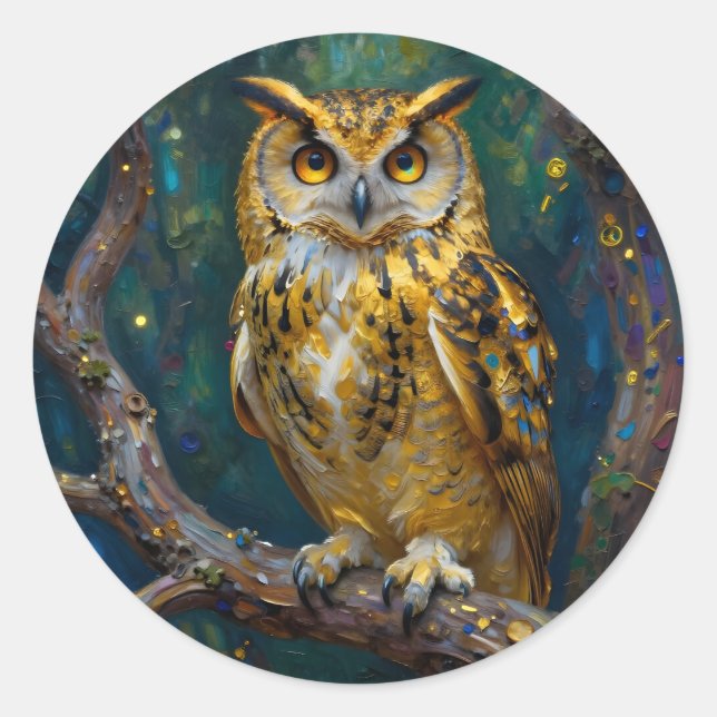A Blue and Gold Majestic Owl   Classic Round Sticker (Front)