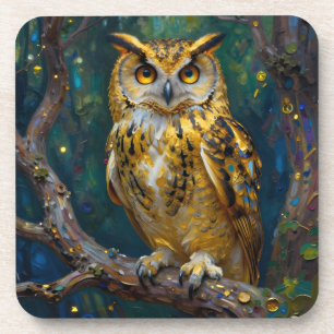 A Blue and Gold Majestic Owl Coaster