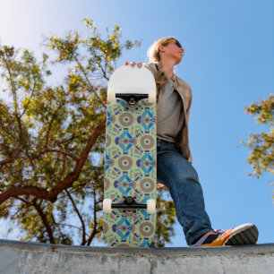 a blue and green pattern on a green background skateboard