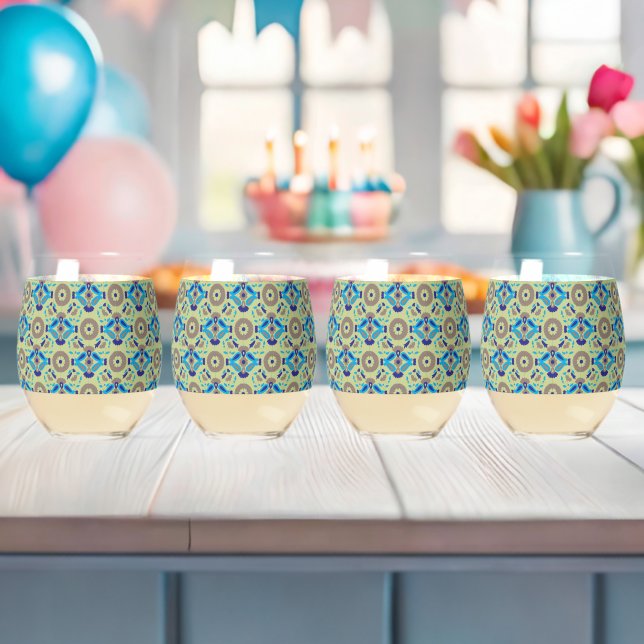 a blue and green pattern on a green background stemless wine glass (Insitu (Baby Shower))