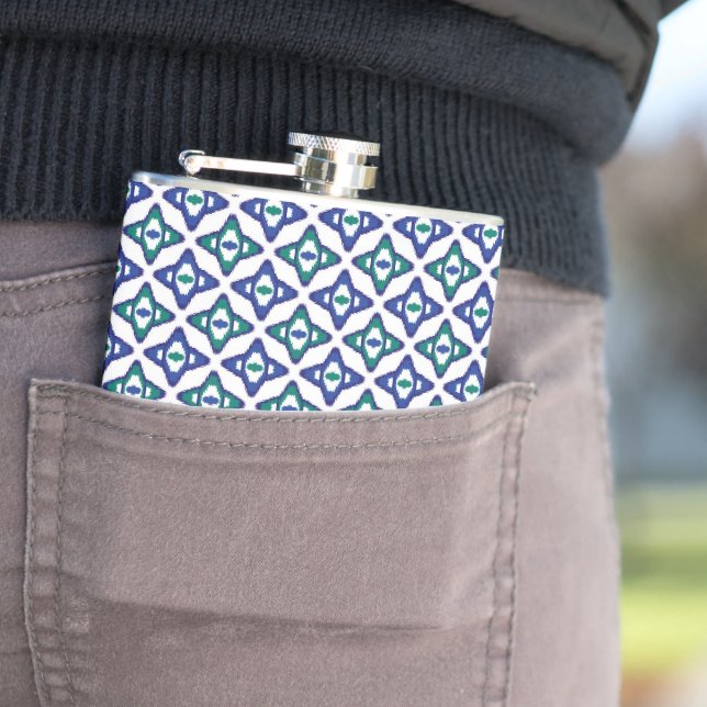 a blue and green pattern with a white background hip flask (In Situ)