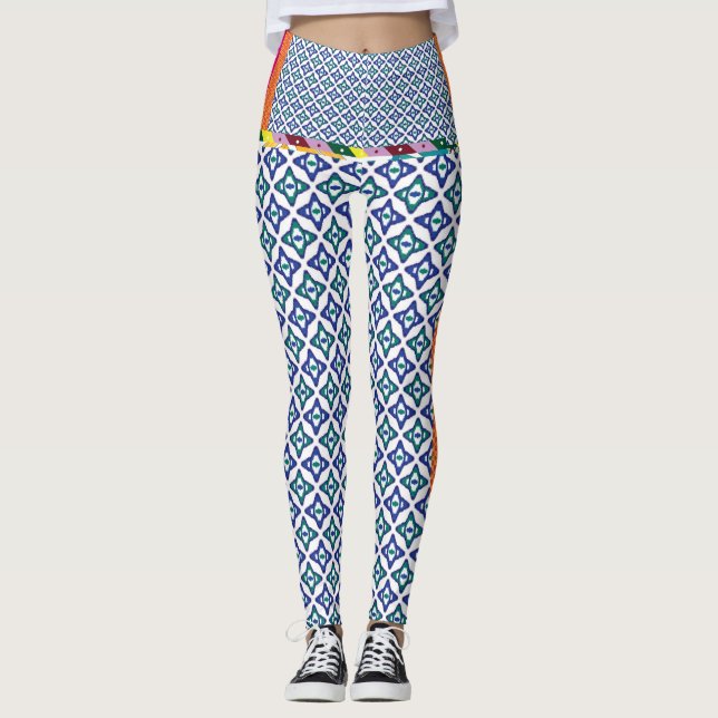 a blue and green pattern with a white background leggings (Front)