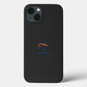 a blue and orange logo with a man running iPhone 13 case