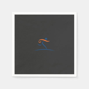 a blue and orange logo with a man running napkin
