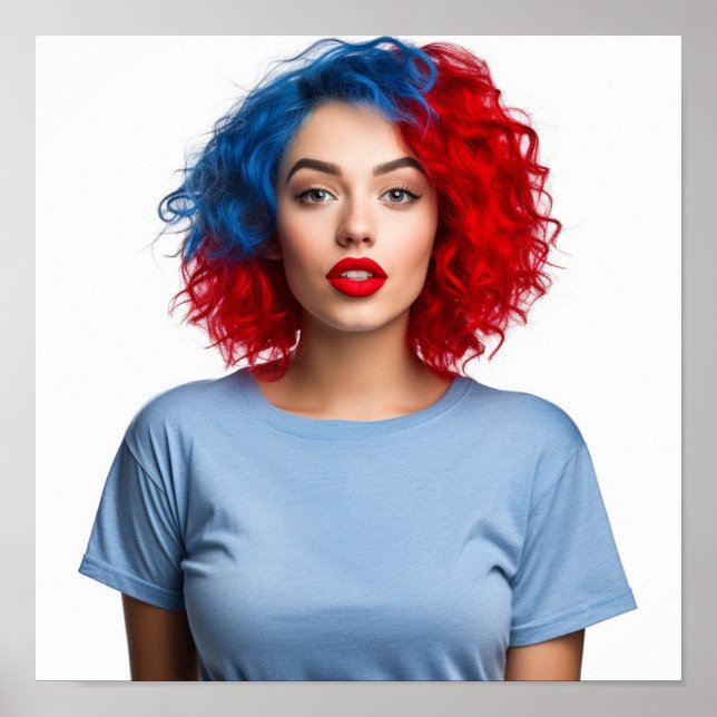 A blue and red haired model wearing Gildan Tee Poster (Front)