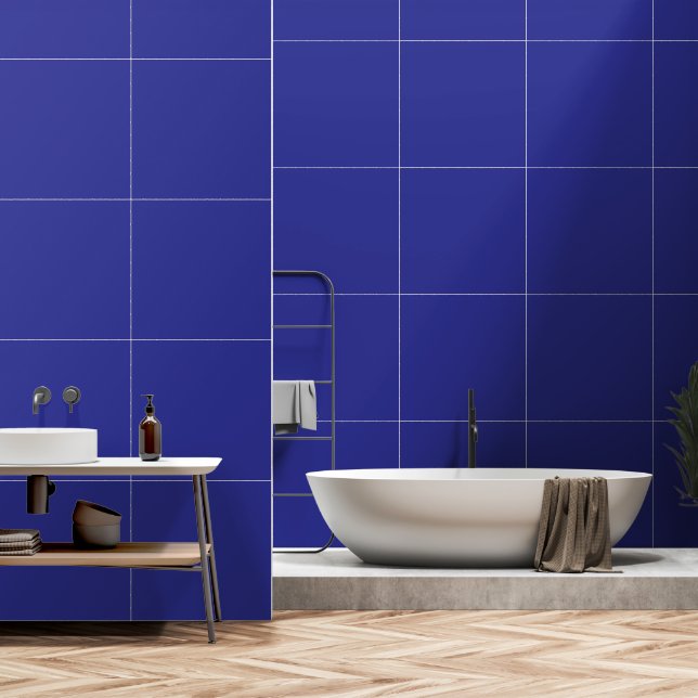 A blue background featuring a prominent white squa wallpaper (Bathroom)