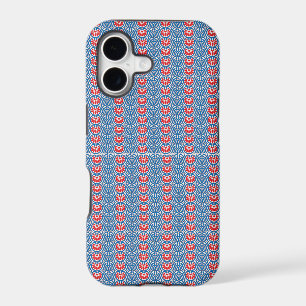 a blue background with red and white designs