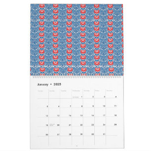 a blue background with red and white designs calendar